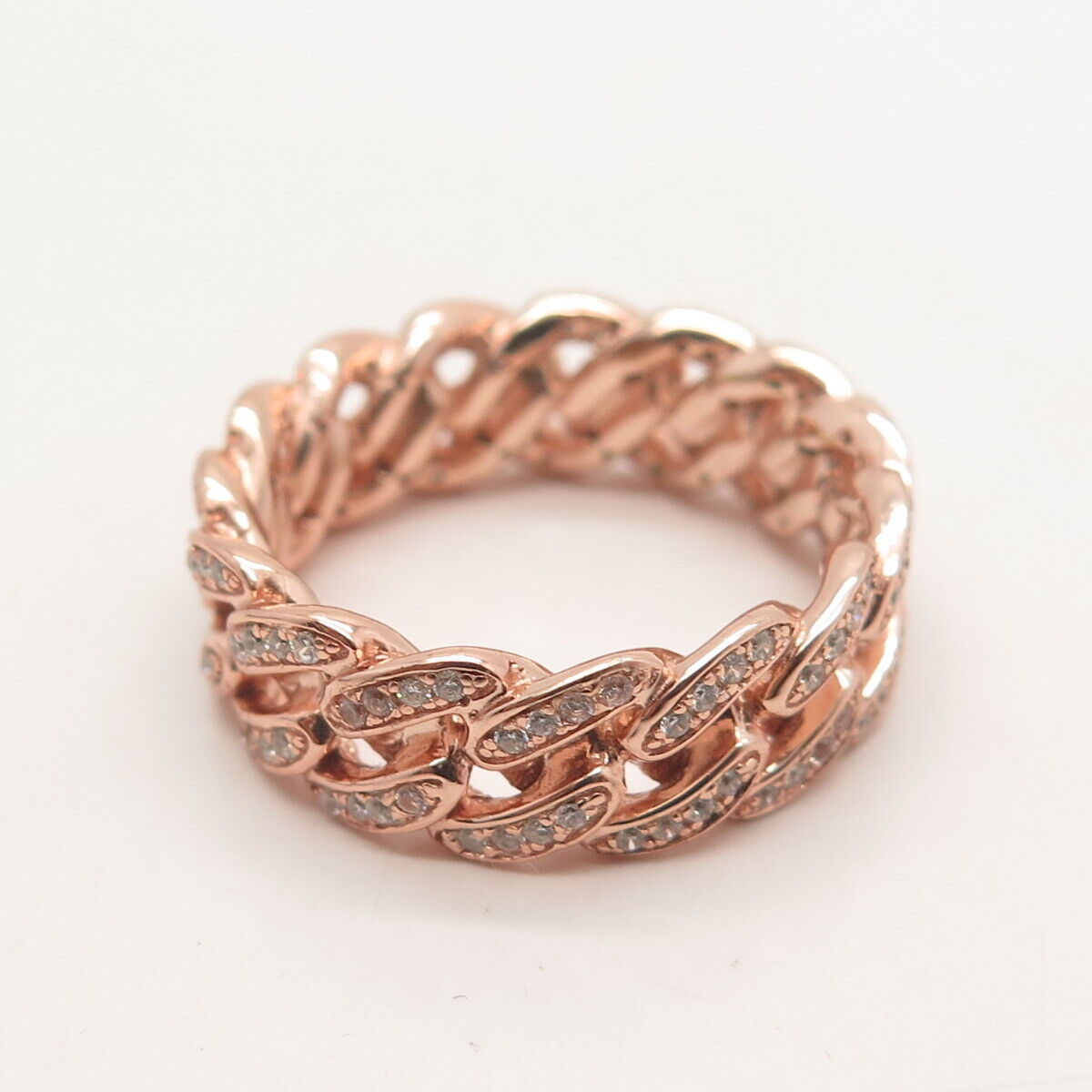 925 Sterling Silver Rose Gold Plated Pave C Z Cuban Chain Band Ring Size 8.75