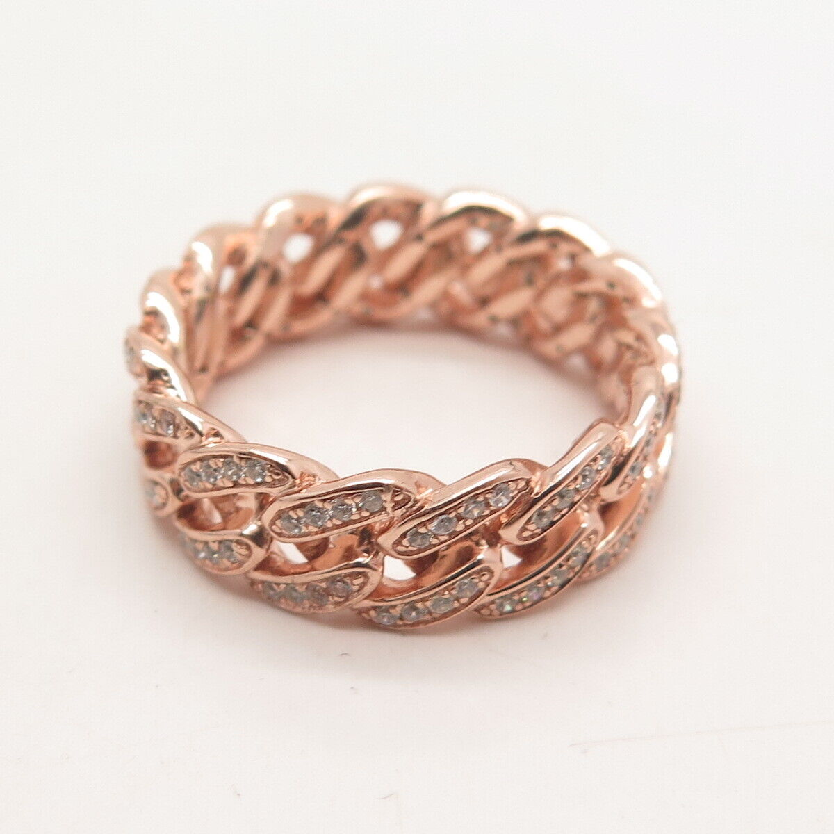 925 Sterling Silver Rose Gold Plated Pave C Z Cuban Chain Band Ring Size 8.75