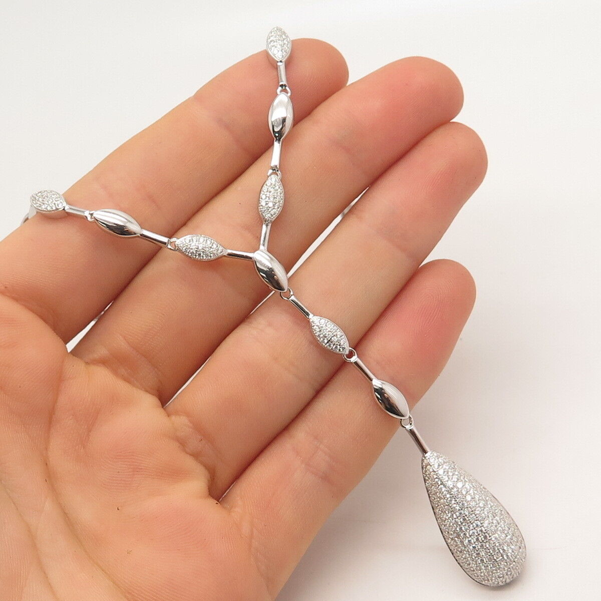 925 Sterling Silver Pave C Z Bowling Pin Chain Necklace 16"