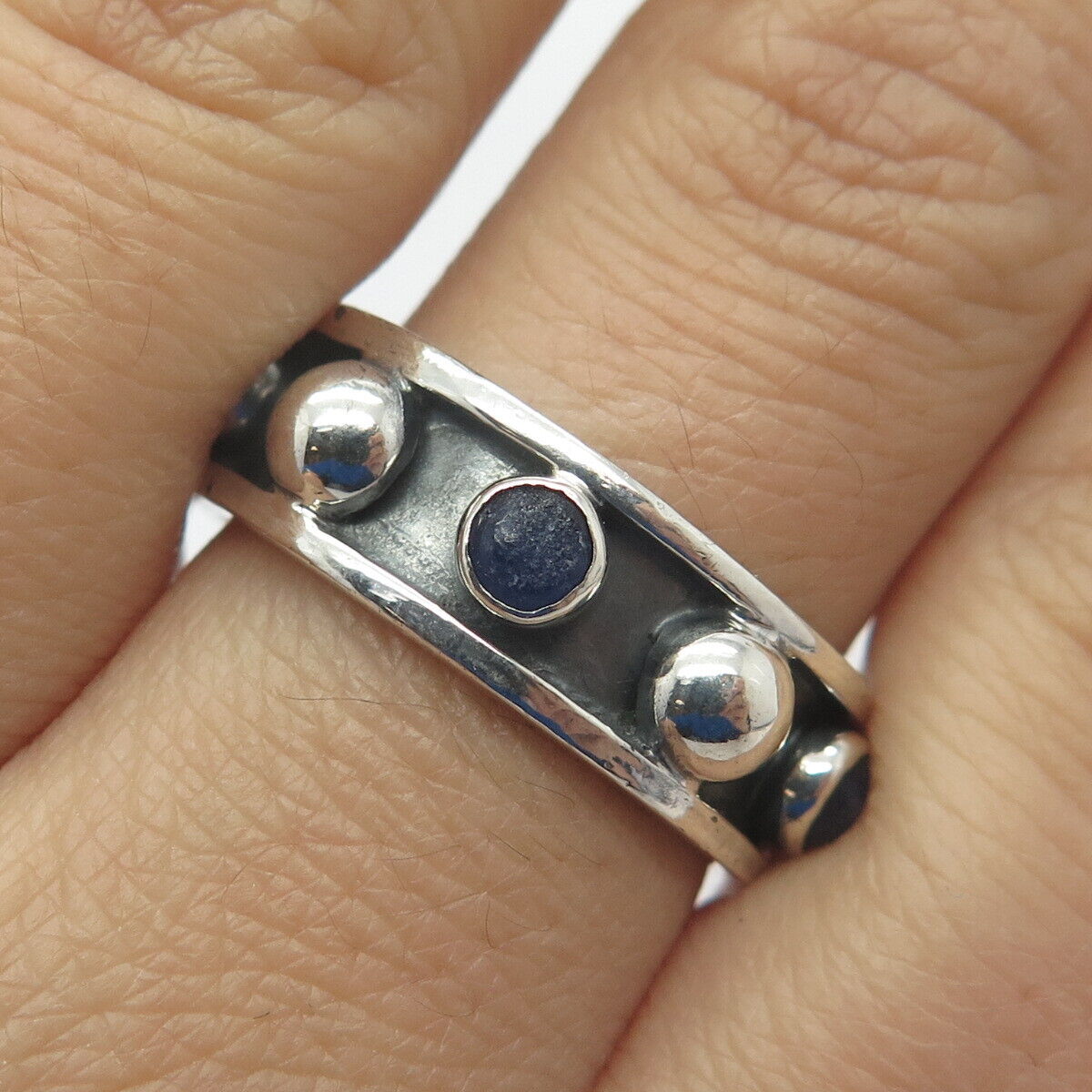 925 Sterling Silver Vintage Mexico Lapis Lazuli Gem Beaded Band Ring Size 9.5