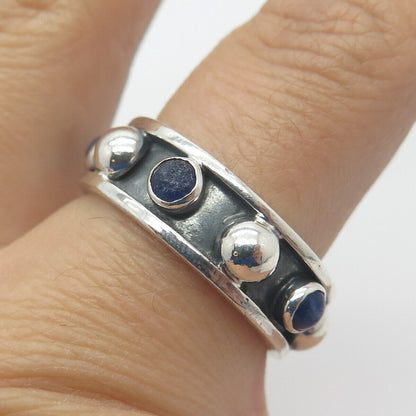 925 Sterling Silver Vintage Mexico Lapis Lazuli Gem Beaded Band Ring Size 9.5