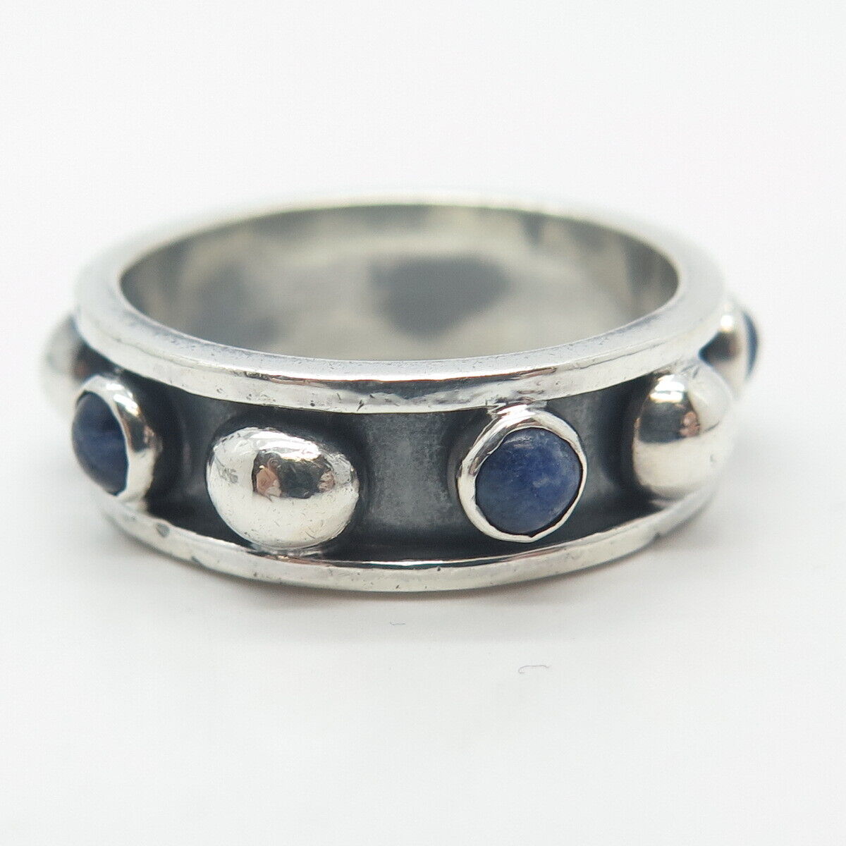 925 Sterling Silver Vintage Mexico Lapis Lazuli Gem Beaded Band Ring Size 9.5