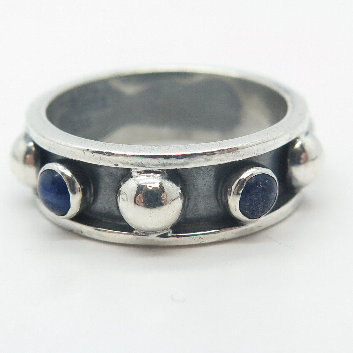 925 Sterling Silver Vintage Mexico Lapis Lazuli Gem Beaded Band Ring Size 9.5