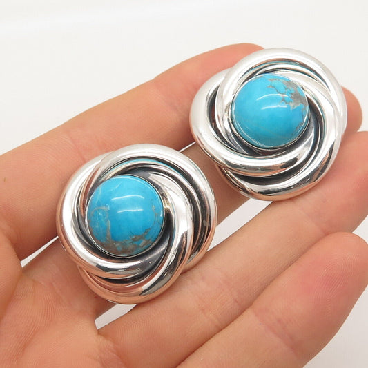 925 Sterling Silver Vintage Real Turquoise Gemstone Clip On Earrings