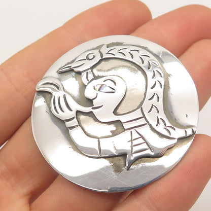 925 Sterling Silver Vintage Mexico Taxco Abalone Shell Tribal Man Brooch/Pendant