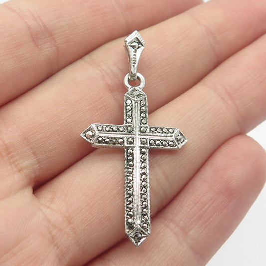 925 Sterling Silver Vintage Real Marcasite Gem Religious Cross Pendant