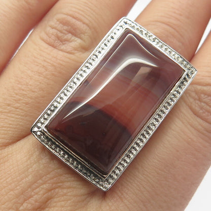 925 Sterling Silver Vintage Real Red Agate Gemstone Statement Ring Size 7.25