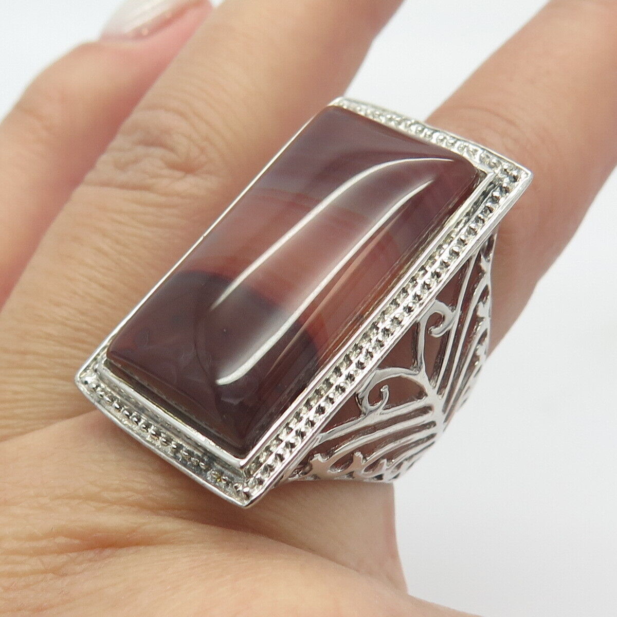 925 Sterling Silver Vintage Real Red Agate Gemstone Statement Ring Size 7.25