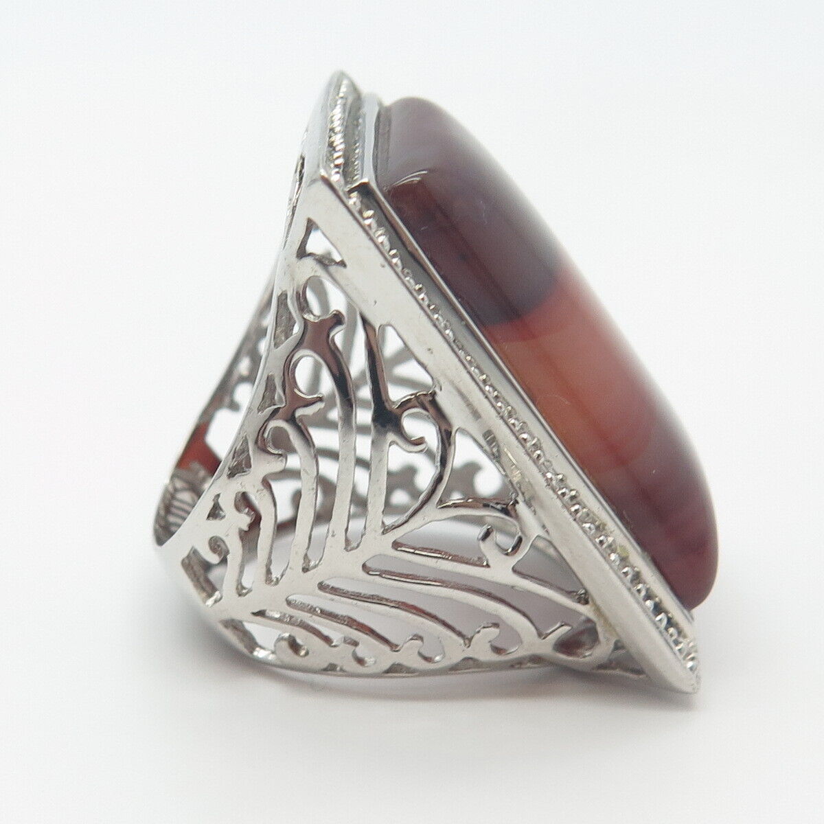 925 Sterling Silver Vintage Real Red Agate Gemstone Statement Ring Size 7.25