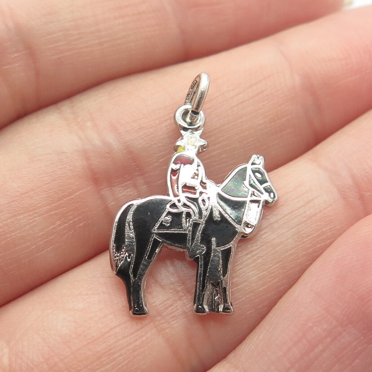 925 Sterling Silver Vintage BM Co Enamel Man Riding A Horse Pendant