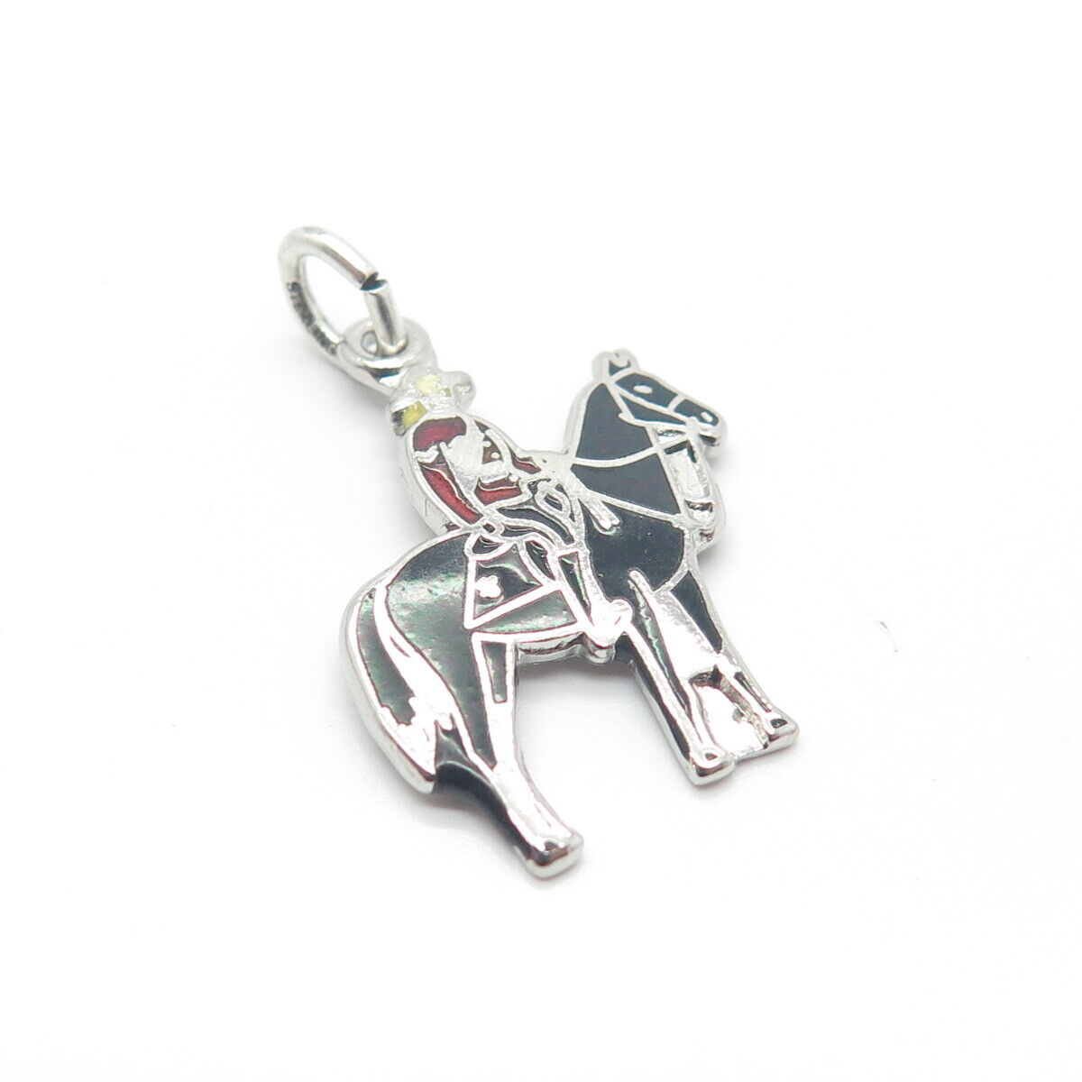 925 Sterling Silver Vintage BM Co Enamel Man Riding A Horse Pendant