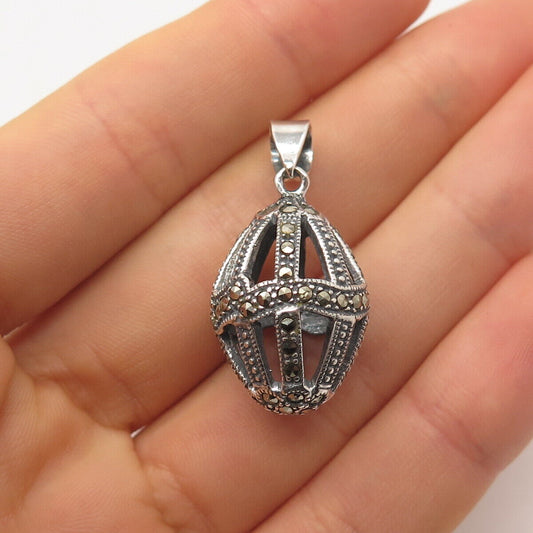 925 Sterling Silver Vintage Real Marcasite Gem Cage Pendant