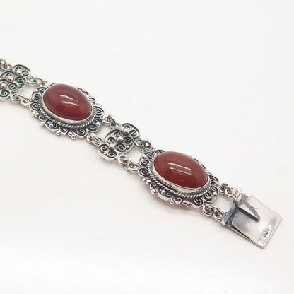 800 Silver Vintage Real Carnelian Gemstone Tennis Link Bracelet 7"