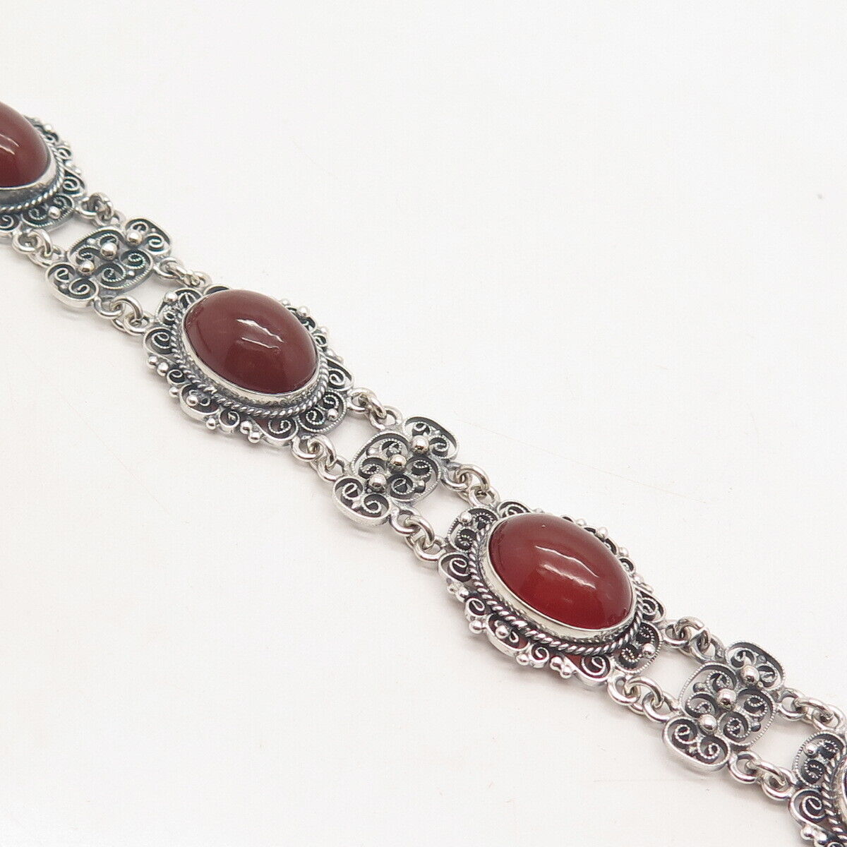 800 Silver Vintage Real Carnelian Gemstone Tennis Link Bracelet 7"