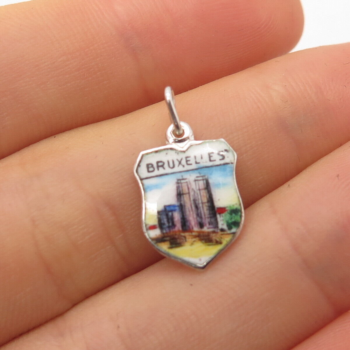 800 Silver Vintage Enamel "Bruxelles" Coat of Arms Charm Pendant