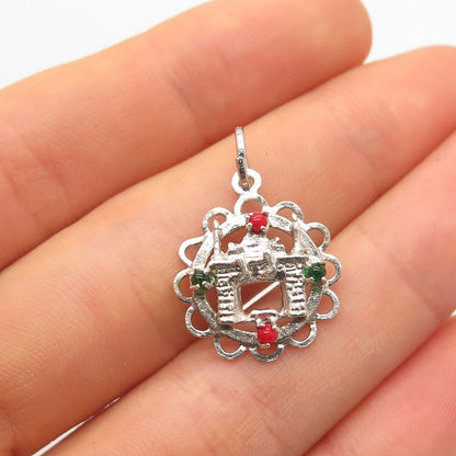 925 Sterling Silver Vintage Green & Red Glass Fireplace Charm Pendant