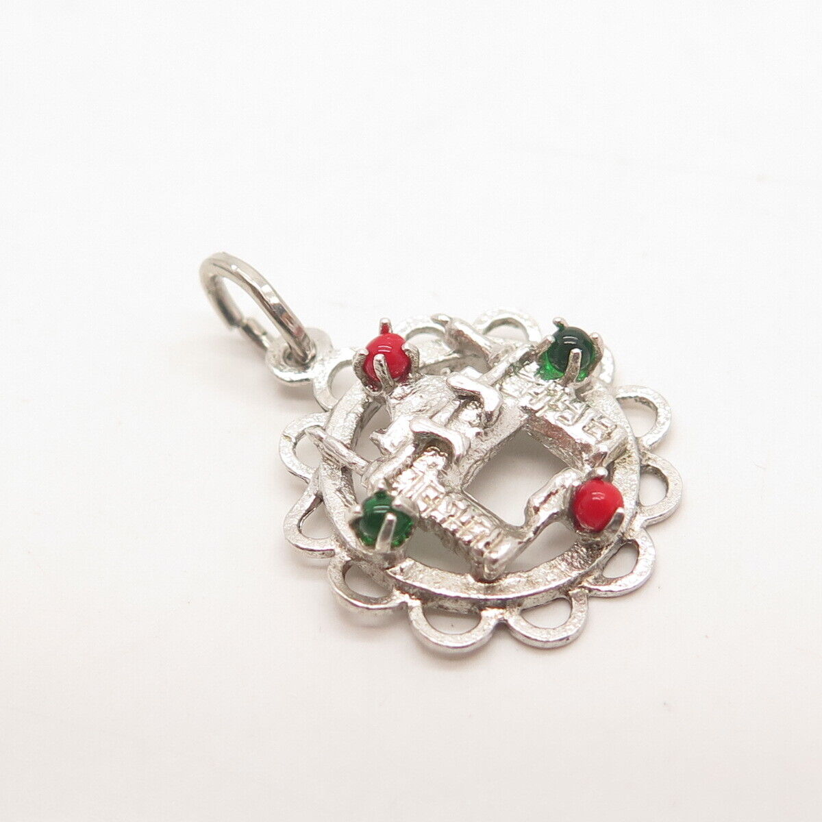 925 Sterling Silver Vintage Green & Red Glass Fireplace Charm Pendant