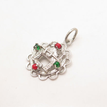 925 Sterling Silver Vintage Green & Red Glass Fireplace Charm Pendant