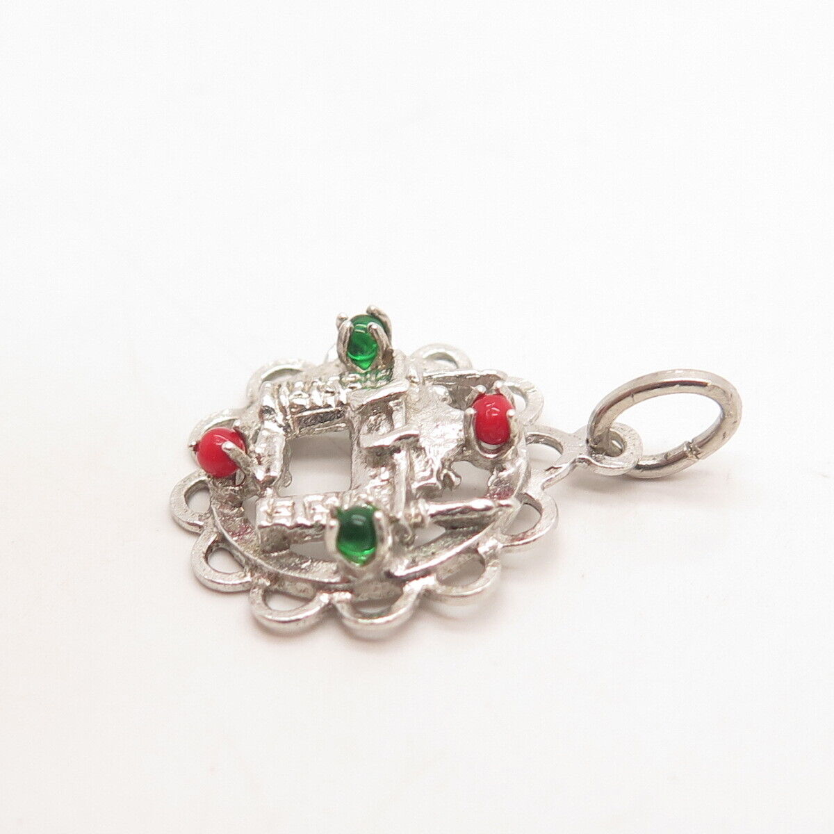 925 Sterling Silver Vintage Green & Red Glass Fireplace Charm Pendant