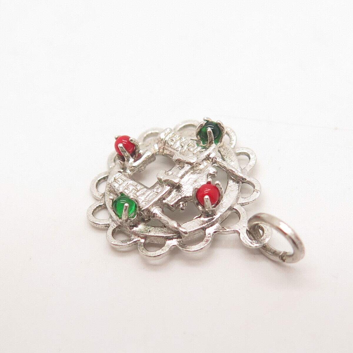 925 Sterling Silver Vintage Green & Red Glass Fireplace Charm Pendant