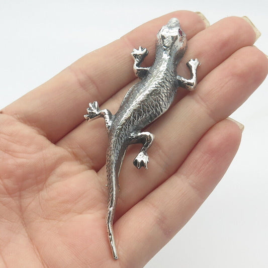 925 Sterling Silver Vintage Real Pink Sapphire Gem Lizard Pin Brooch