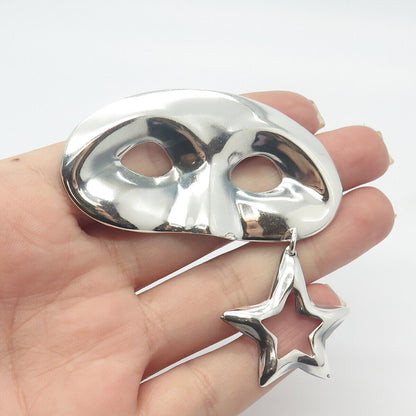 925 Sterling Silver Vintage Mexico Star Charm Mask Pin Brooch