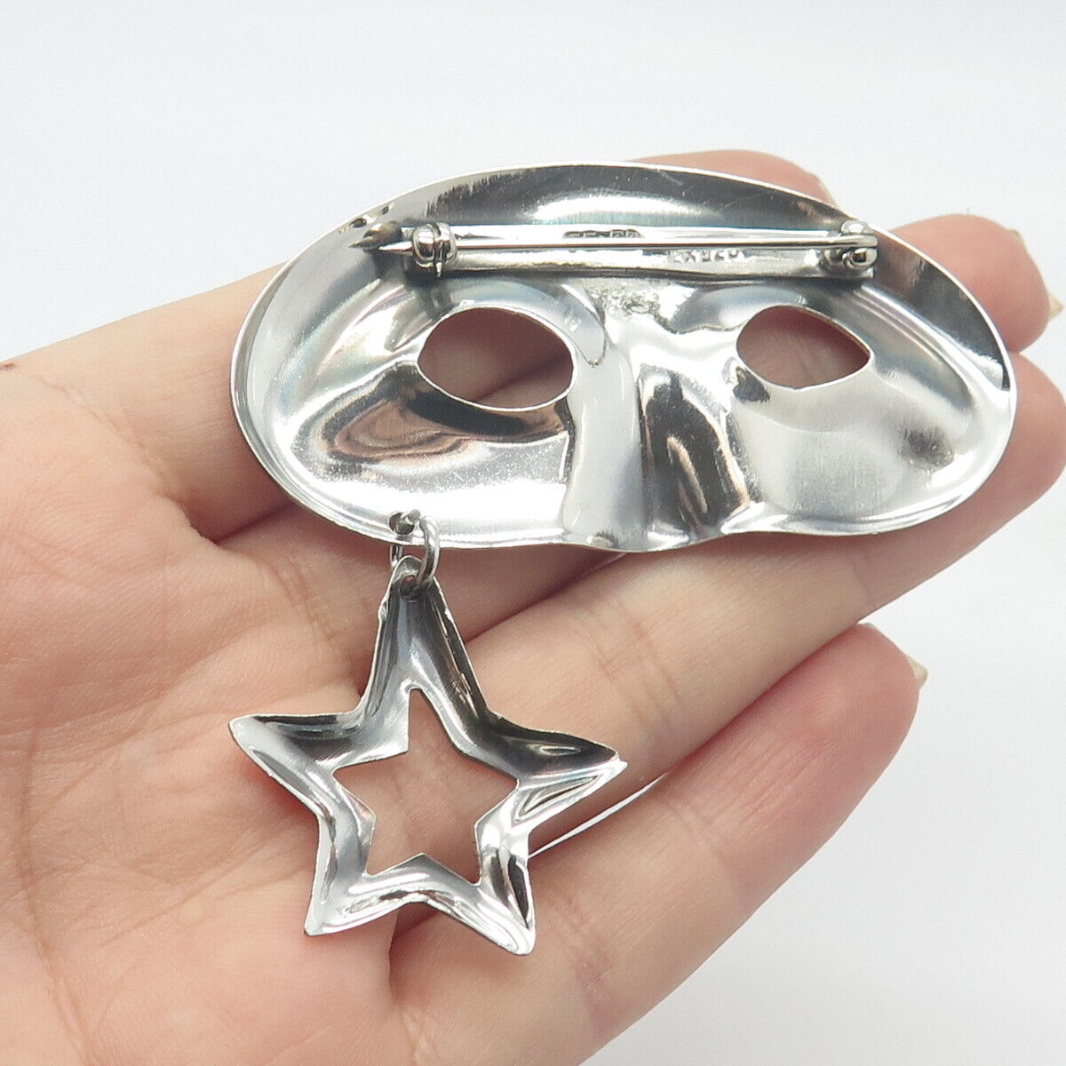 925 Sterling Silver Vintage Mexico Star Charm Mask Pin Brooch