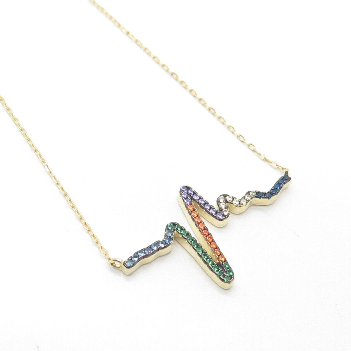 925 Sterling Silver Gold Plated C Z Pulse / Heartbeat Cable Chain Necklace 16"