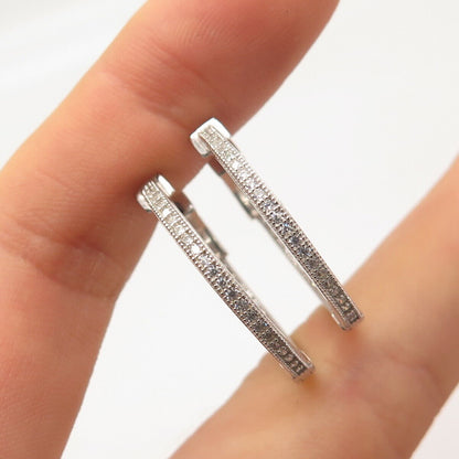 925 Sterling Silver Pave C Z Hinged Hoop Earrings