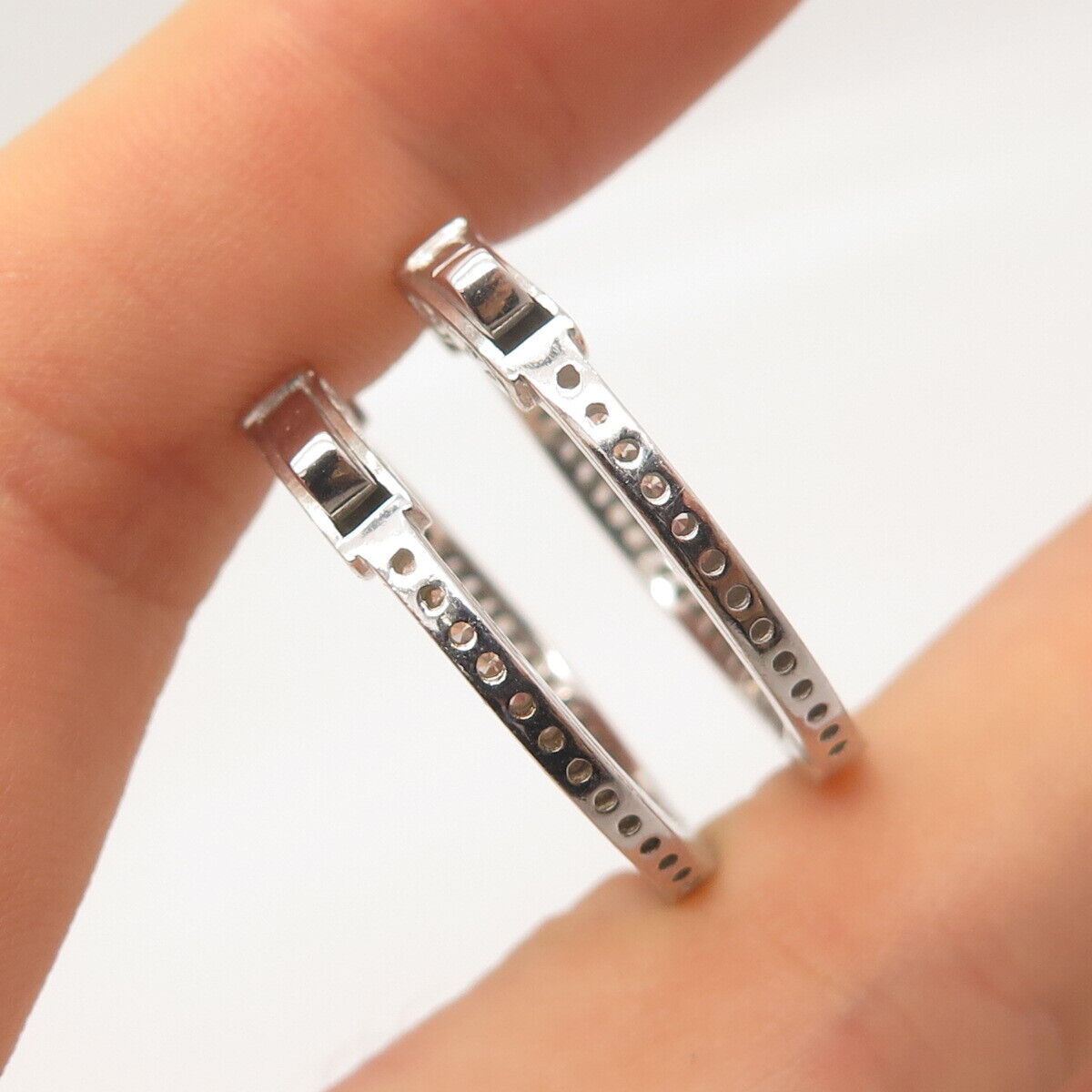 925 Sterling Silver Pave C Z Hinged Hoop Earrings