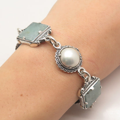 925 Sterling Silver Vintage Real Pearl & Roman Glass Tennis Link Bracelet 7"