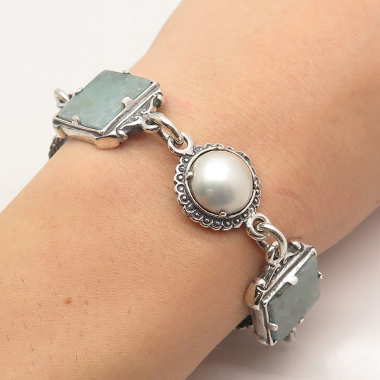 925 Sterling Silver Vintage Real Pearl & Roman Glass Tennis Link Bracelet 7"