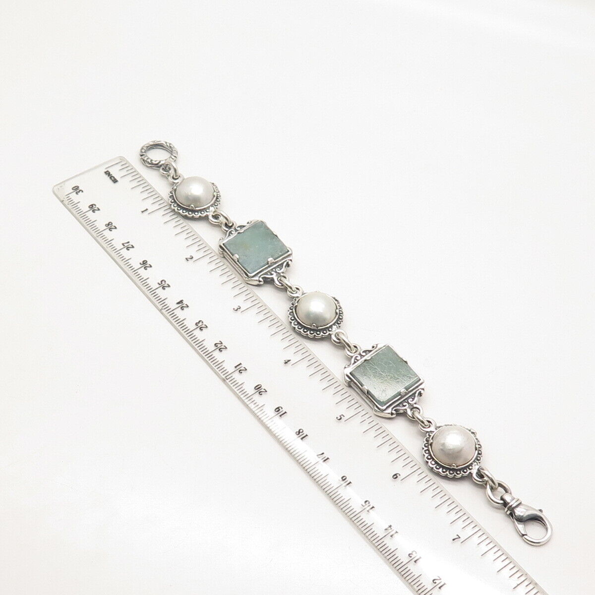 925 Sterling Silver Vintage Real Pearl & Roman Glass Tennis Link Bracelet 7"