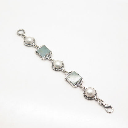 925 Sterling Silver Vintage Real Pearl & Roman Glass Tennis Link Bracelet 7"