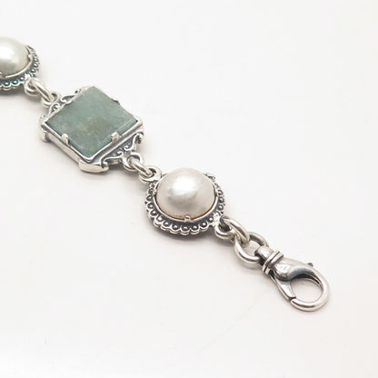 925 Sterling Silver Vintage Real Pearl & Roman Glass Tennis Link Bracelet 7"