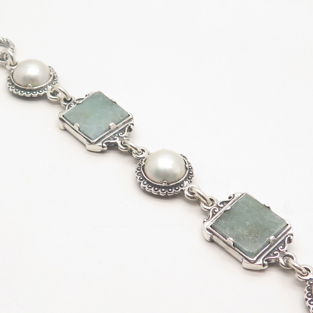 925 Sterling Silver Vintage Real Pearl & Roman Glass Tennis Link Bracelet 7"