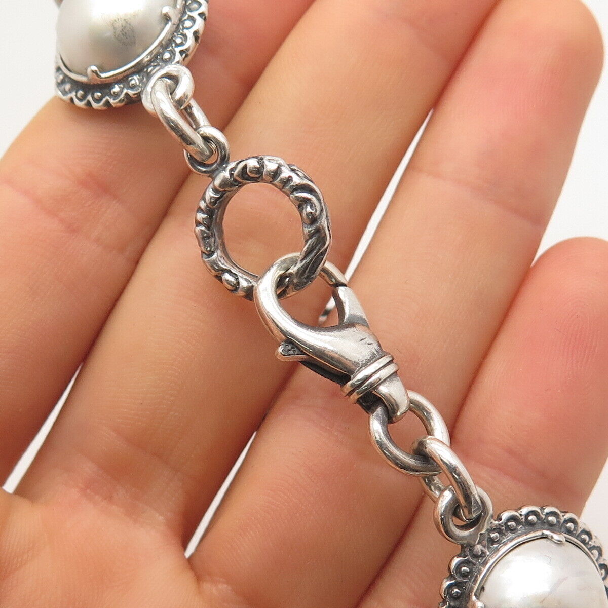 925 Sterling Silver Vintage Real Pearl & Roman Glass Tennis Link Bracelet 7"