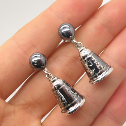 925 Sterling Silver Vintage SIAM Hematite Gem Niello Hindu Goddess Bell Earrings