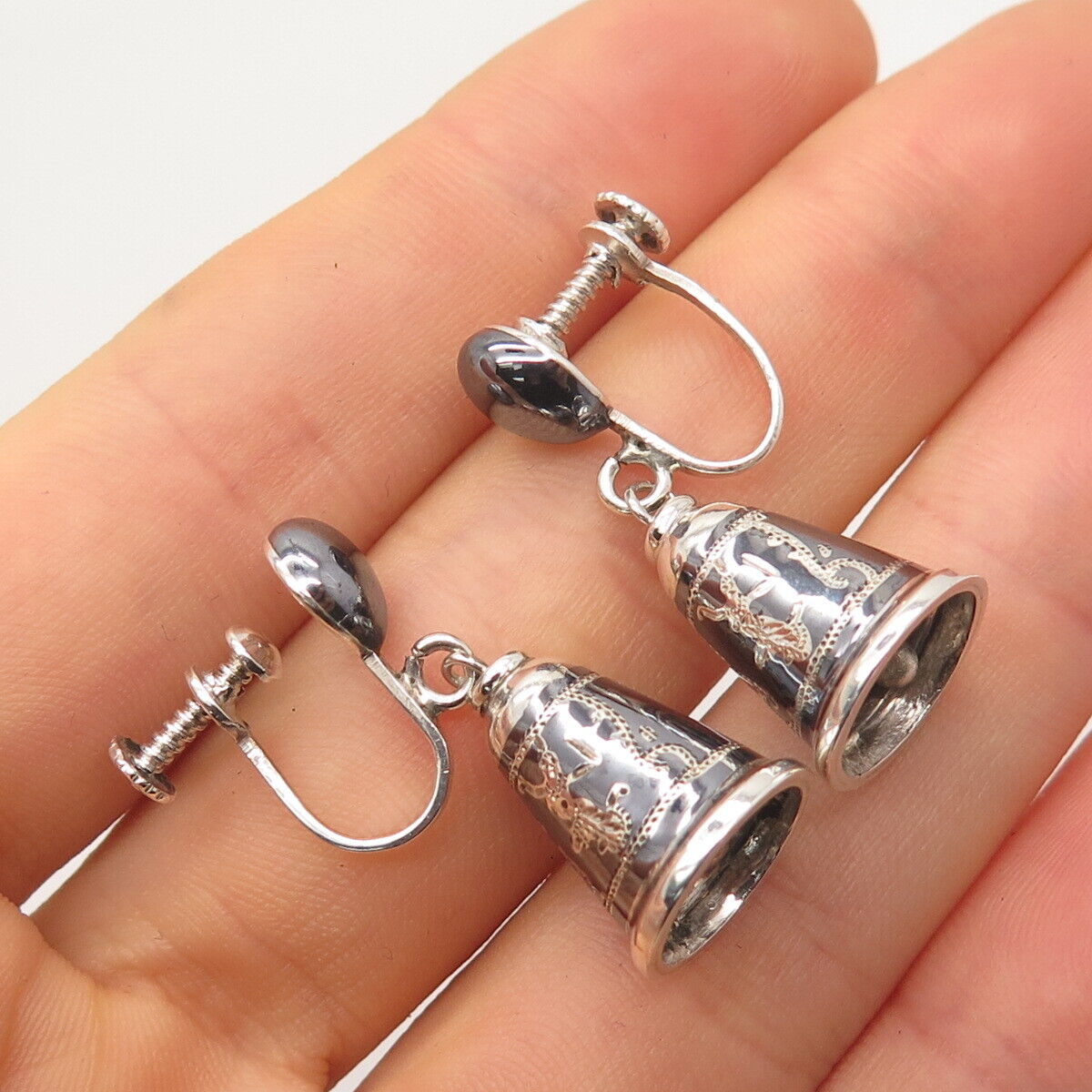 925 Sterling Silver Vintage SIAM Hematite Gem Niello Hindu Goddess Bell Earrings