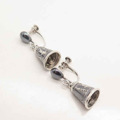 925 Sterling Silver Vintage SIAM Hematite Gem Niello Hindu Goddess Bell Earrings