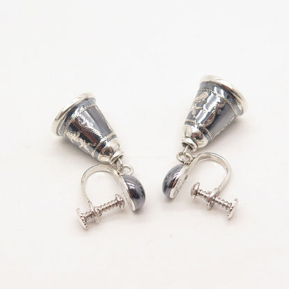 925 Sterling Silver Vintage SIAM Hematite Gem Niello Hindu Goddess Bell Earrings