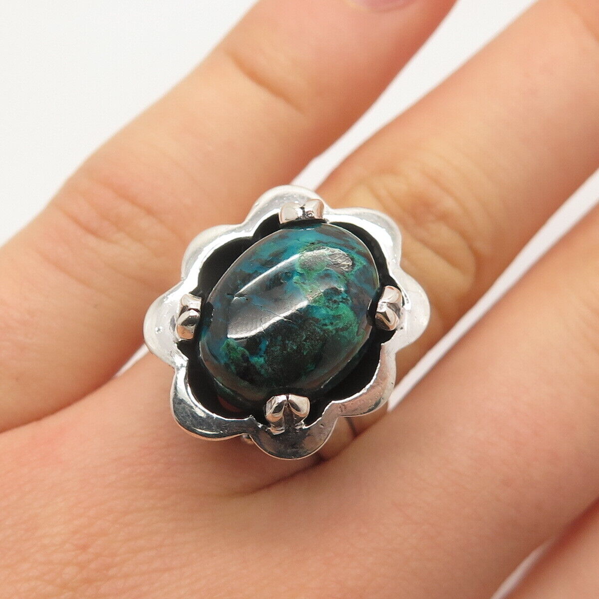 925 Sterling Silver Vintage Israel Real Chrysocolla Gemstone Ring Size 6.75