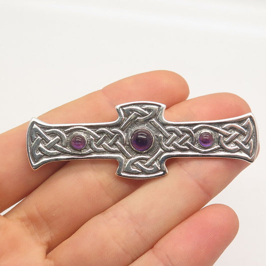 925 Sterling Silver Vintage Real Amethyst Gemstone Celtic Cross Pin Brooch