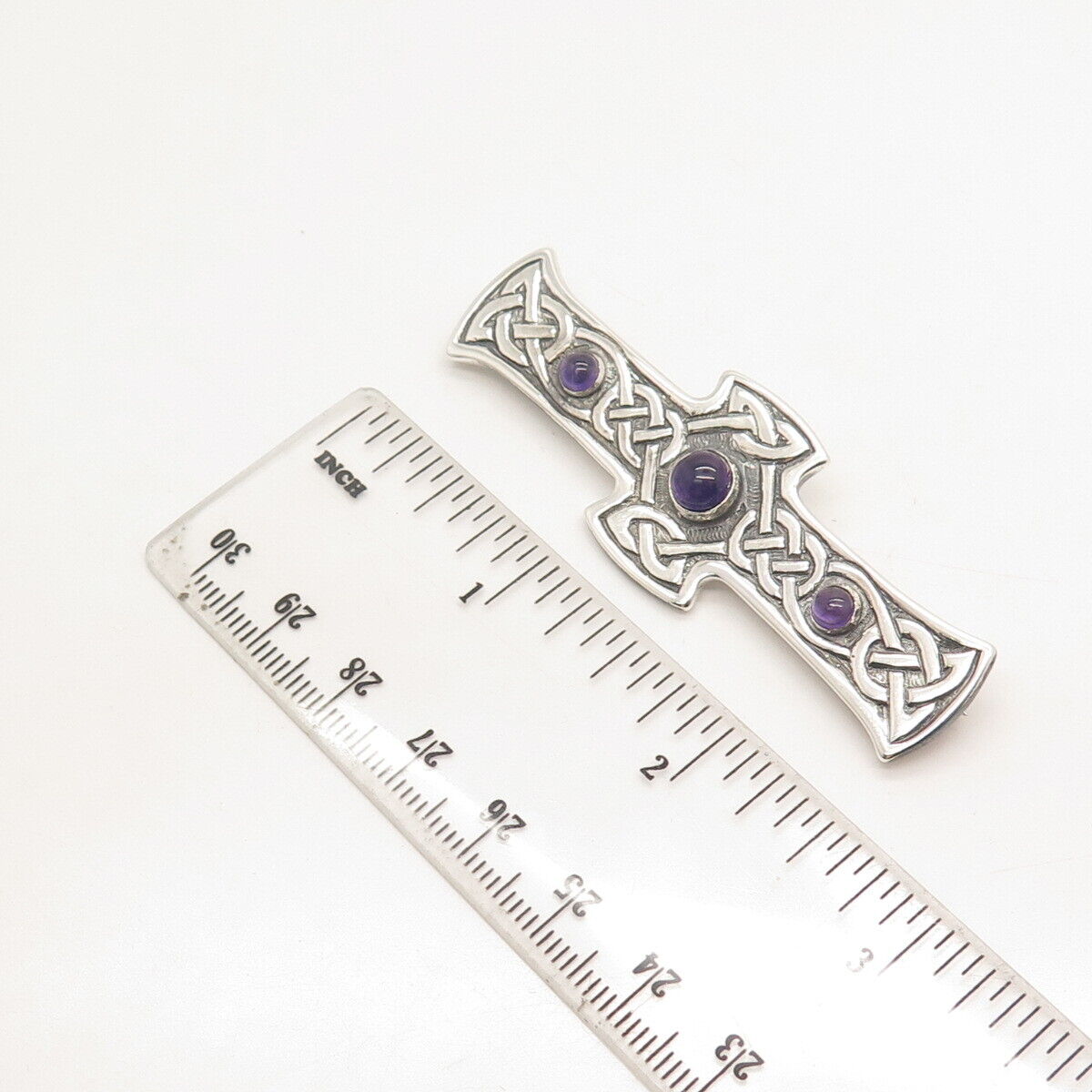 925 Sterling Silver Vintage Real Amethyst Gemstone Celtic Cross Pin Brooch