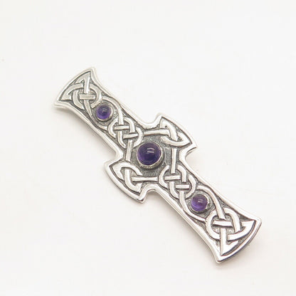 925 Sterling Silver Vintage Real Amethyst Gemstone Celtic Cross Pin Brooch