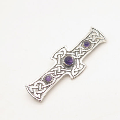 925 Sterling Silver Vintage Real Amethyst Gemstone Celtic Cross Pin Brooch