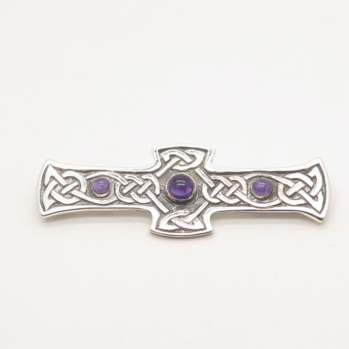 925 Sterling Silver Vintage Real Amethyst Gemstone Celtic Cross Pin Brooch