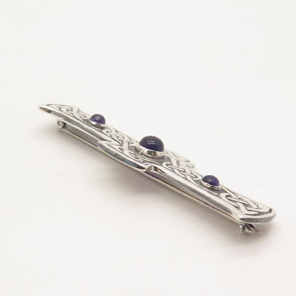 925 Sterling Silver Vintage Real Amethyst Gemstone Celtic Cross Pin Brooch