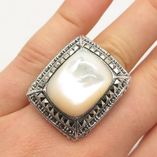 925 Sterling Silver Vintage Real Mother-of-Pearl & Marcasite Gem Ring Size 6.75