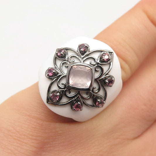 925 Sterling Silver Real White Onyx Rose Quartz Amethyst Gemstone Ring Size 5.25